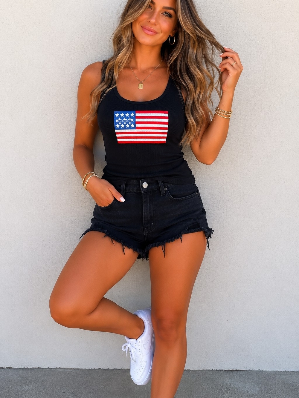 Black Women's Scoop Neck Tank with Flag Graphic